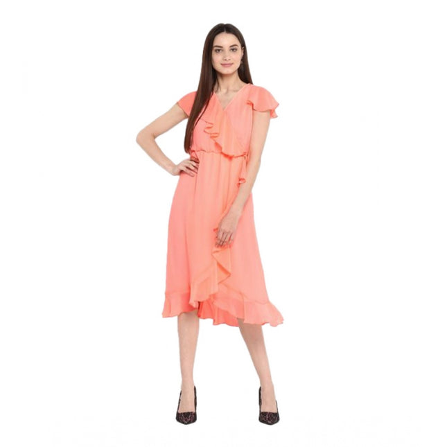 Women's Polyester Ruffled Cap Sleeve Below Knee Dress (Neon Pink)