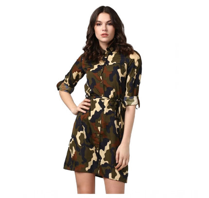 Women's Polyester Printed Roll Up Sleeve Tunic Top (Green - Black)