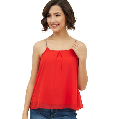 Women's Polyester Embellished Shoulder Straps Top (Red)