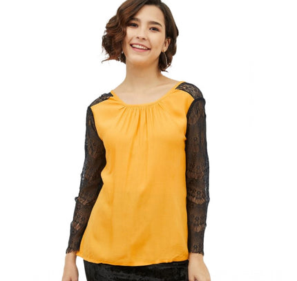 Women's Rayon Lace Inserts Long Sleeves Top (Yellow)