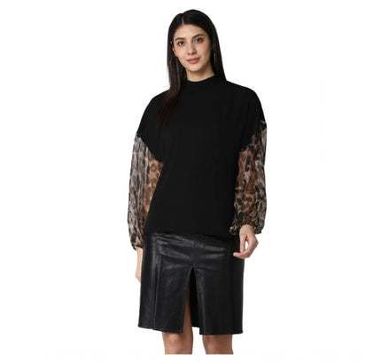 Women's Polyester Animal Print Long Sleeves Top (Black)