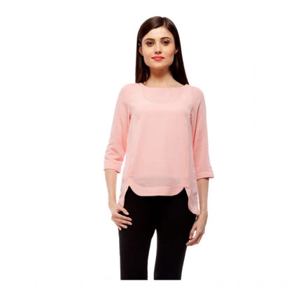 Women's Polyester Solid 3-4th Sleeves Regular Top (Peach)