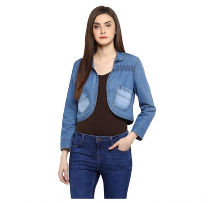 Women's Denim Smocking 3-4th Sleeves Shrug (Blue)