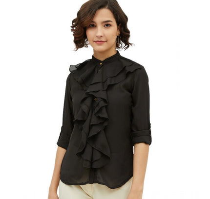 Women's Polyester Ruffled Long Sleeves Standard Length Shirt (Black)