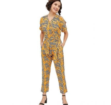 Women's Polyester Printed Half Sleeve Long Jumpsuit (Yellow)