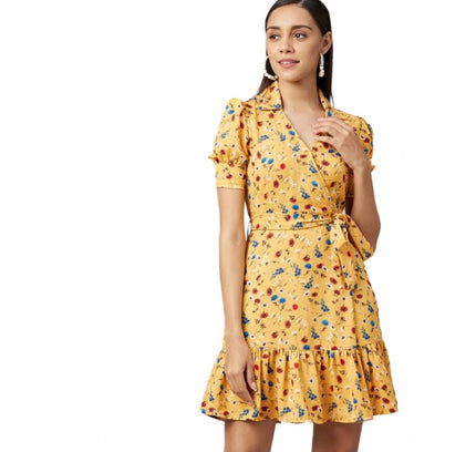 Women's Polyester Floral Short Sleeve Above Knee Dress (Yellow)
