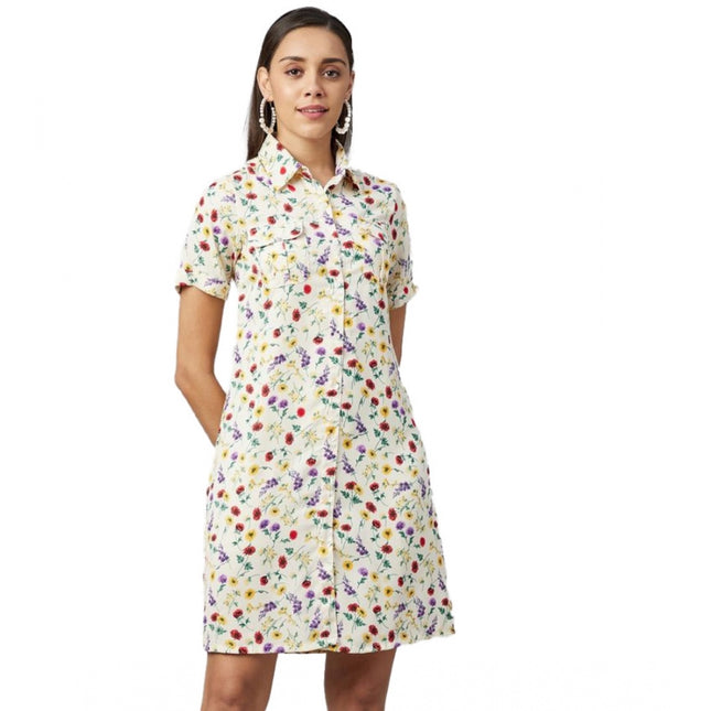 Women's Polyester Floral Short Sleeve Above Knee Dress (Multicolor)