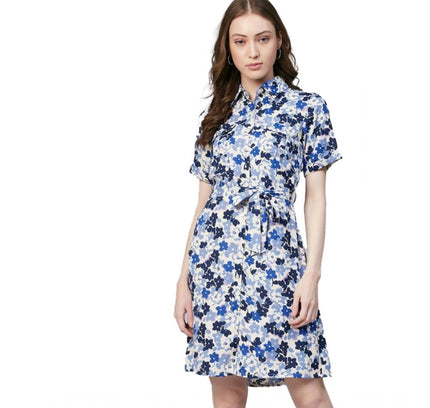 Women's Polyester Floral Short Sleeve Above Knee Dress (Blue - White)