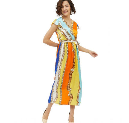 Women's Satin Chain Print Cap Sleeve Calf-length Dress (Multicolor)
