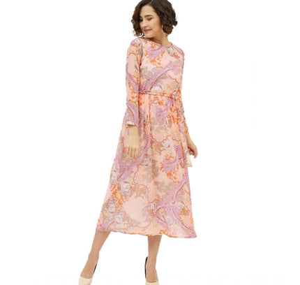 Women's Polyester Printed Long Sleeves Calf-length Dress (Multicolor)