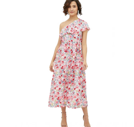 Women's Polyester Floral One Shoulder Calf-length Dress (Multicolor)