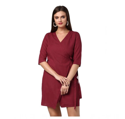 Women's Cotton Solid 3-4th Sleeves Above Knee Dress (Maroon)