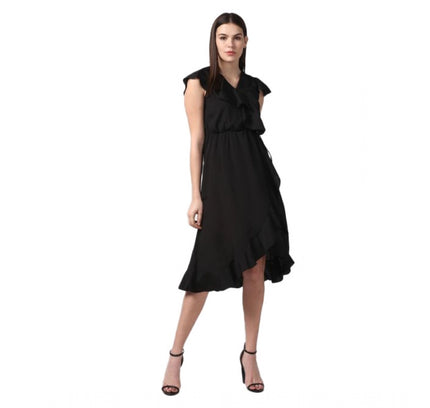 Women's Polyester Ruffled Cap Sleeve Knee-Length Dress (Black)