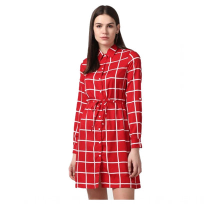 Women's Polyester Checkered Long Sleeves Above Knee Dress (Red)