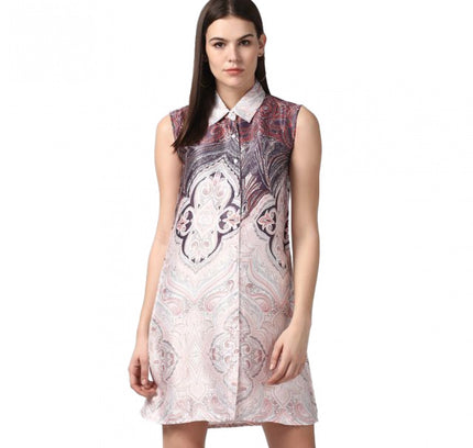 Women's Polyester Printed Sleeveless Above Knee Dress (Orange)