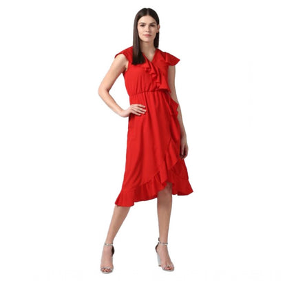 Women's Polyester Ruffled Cap Sleeve Knee-Length Dress (Red)