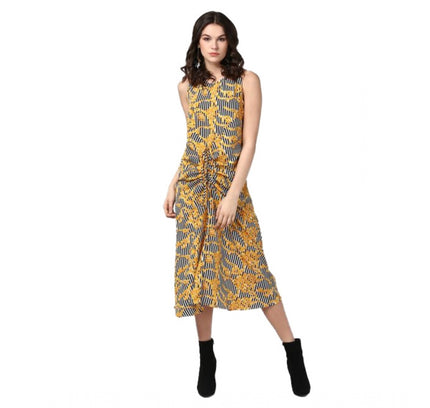 Women's Polyester Chain Print Sleeveless Below Knee Dress (Yellow - Black)