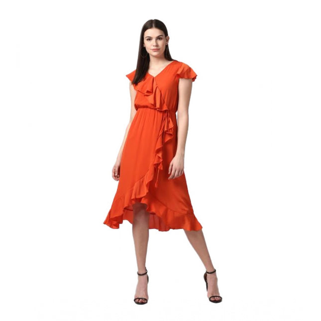 Women's Polyester Ruffled Cap Sleeve Knee-Length Dress (Orange)
