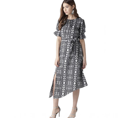 Women's Polyester Animal Print Short Sleeve Knee-Length Dress (Black - White)