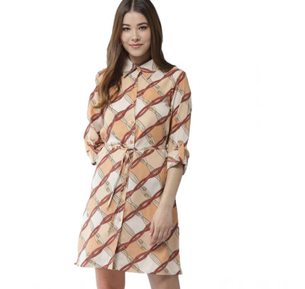 Women's Polyester Printed Roll Up Sleeve Above Knee Dress (Off White - Brown)