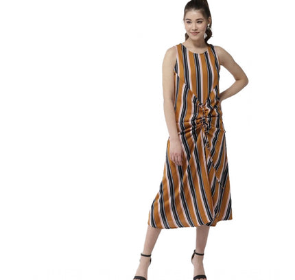 Women's Polyester Striped Sleeveless Below Knee Dress (Mustard)
