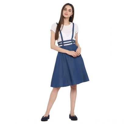 Women's Denim Solid Shoulder Straps Below Knee Dress (Blue)