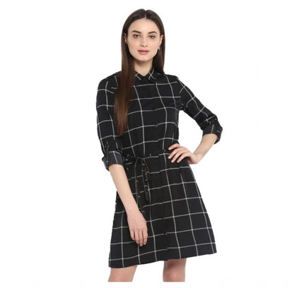 Women's Polyester Checkered Roll Up Sleeve Above Knee Dress (Black - White)