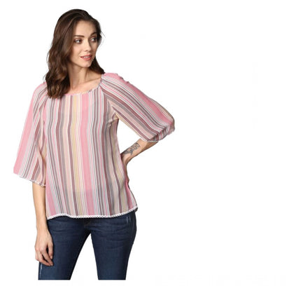 Women's Polyester Striped 3-4th Sleeves Top (Pink)