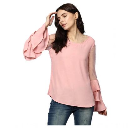 Women's Polyester Solid Tier Sleeve Top (Pink)