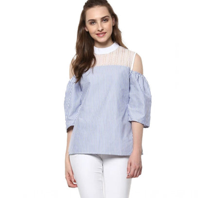 Women's Cotton Striped Cold Shoulder Top (Blue)
