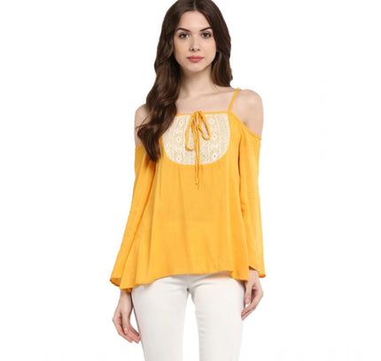 Women's Rayon Embellished Cold Shoulder Regular Top (Mustard Yellow)
