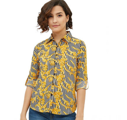 Women's Polyester Printed Roll Up Sleeve Standard Length Shirt (Mustared)