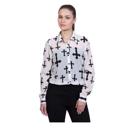 Women's Polyester Printed Long Sleeves Standard Length Shirt (White)