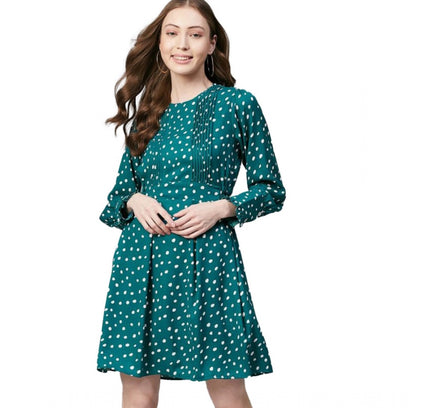 Women's Polyester Polka Long Sleeves Above Knee Dress (Green - White)