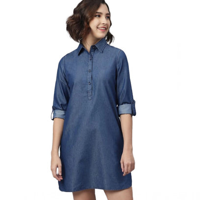 Women's Denim Solid Long Sleeves Above Knee Dress (Navy Blue)