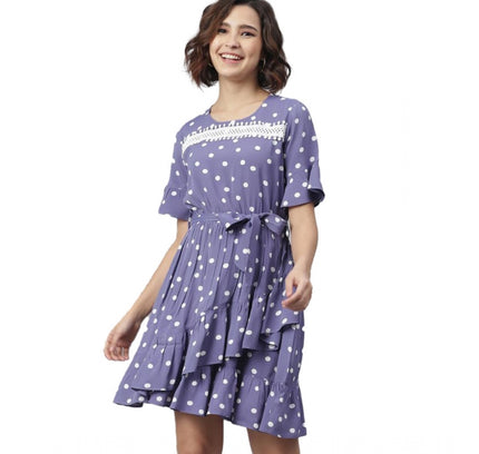 Women's Polyester Polka Bell Sleeve Above Knee Dress (Lavender)