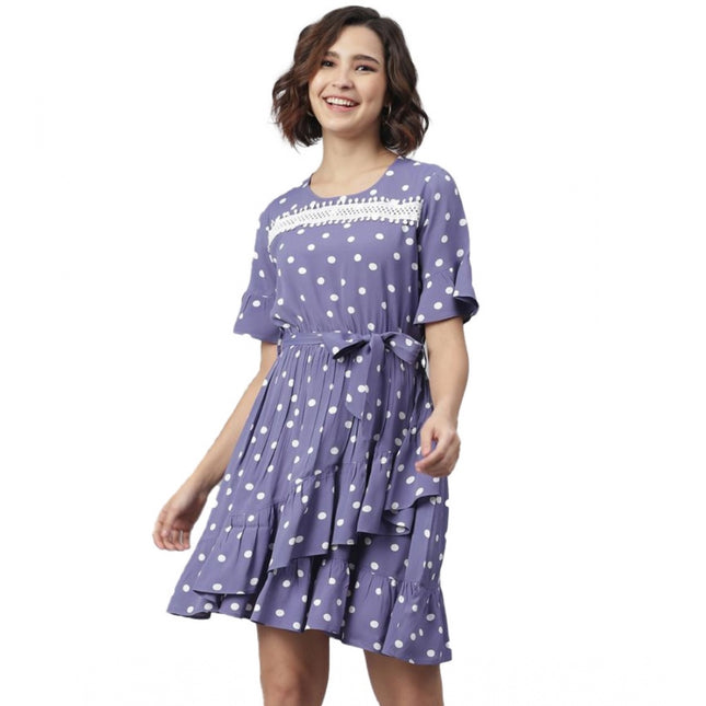 Women's Polyester Polka Bell Sleeve Above Knee Dress (Lavender)