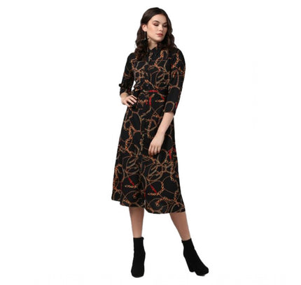 Women's Polyester Chain Print Roll Up Sleeve Below Knee Dress (Black - Yellow)