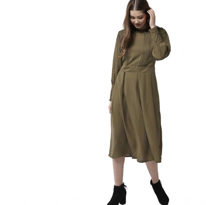 Women's Polyester Pintuck Long Sleeves Below Knee Dress (Olive)