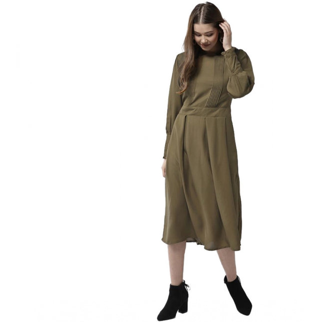 Women's Polyester Pintuck Long Sleeves Below Knee Dress (Olive)