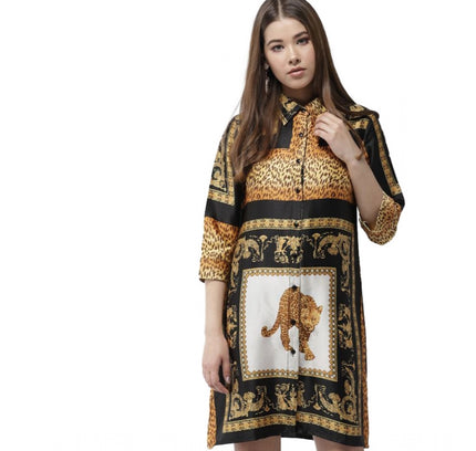 Women's Satin Animal Print 3-4th Sleeves Above Knee Dress (White - Orange)