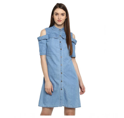 Women's Denim Solid Cold Shoulder Above Knee Dress (Blue)