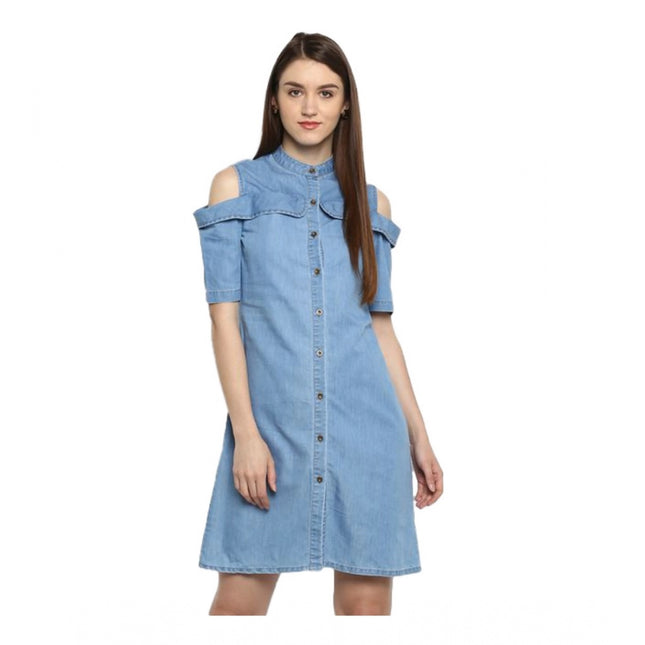 Women's Denim Solid Cold Shoulder Above Knee Dress (Blue)