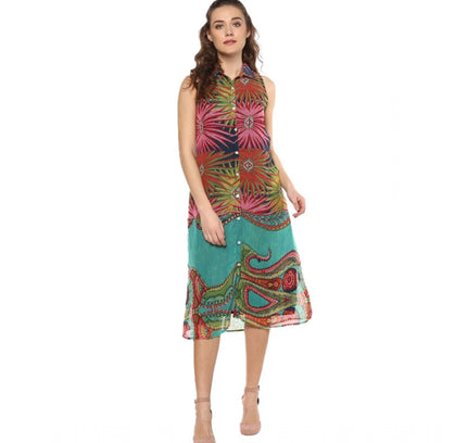 Women's Polyester Floral Sleeveless Below Knee Dress (Multicolor)