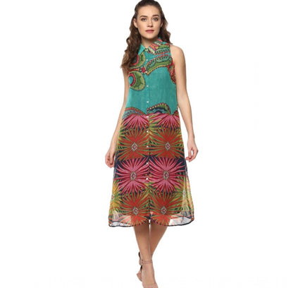 Women's Polyester Floral Sleeveless Below Knee Dress (Multicolor)