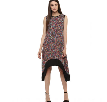 Generic Women's Polyester Printed Sleeveless Knee-Length Dress (Multicolor)