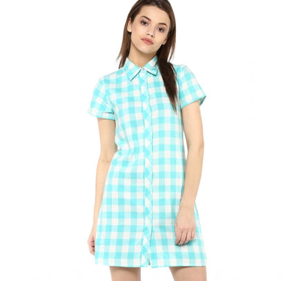 Women's Rayon Checkered Short Sleeve Above Knee Dress (SkuBlue - White)