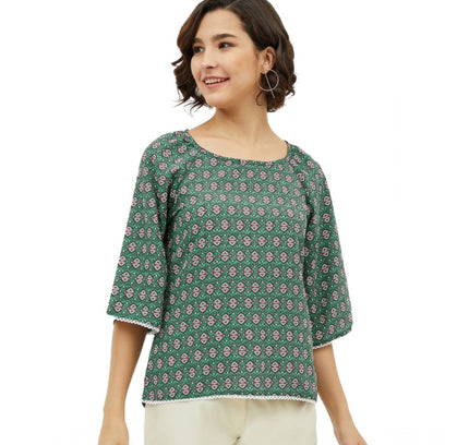 Women's Polyester Printed 3-4th Sleeves Top (Green)