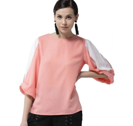 Women's Polyester Colour Block Slit Sleeve Top (Pink)