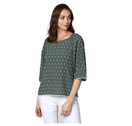 Women's Polyester Printed 3-4th Sleeves Top (Green)